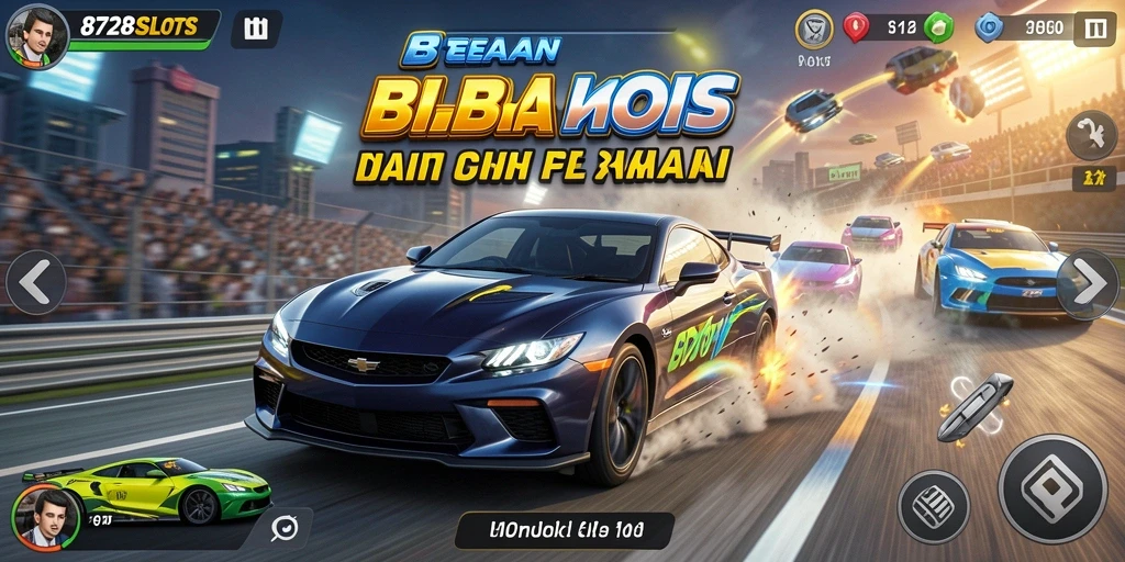 Screenshot gameplay dari 8728SLOTS menampilkan balapan mobil yang intens.
