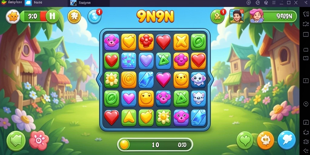 Gameplay seru 9N9N dengan elemen Match-3 yang cerah.