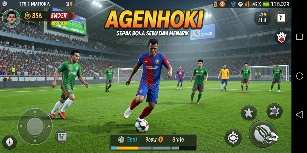 Screenshot gameplay AGENHOKI dengan aksi pertandingan sepak bola yang mendebarkan.