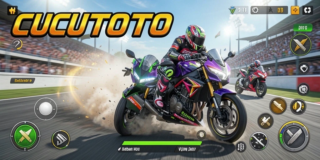 Tampilan screenshot gameplay CUCUTOTO dengan aksi balapan motor yang mendebarkan.