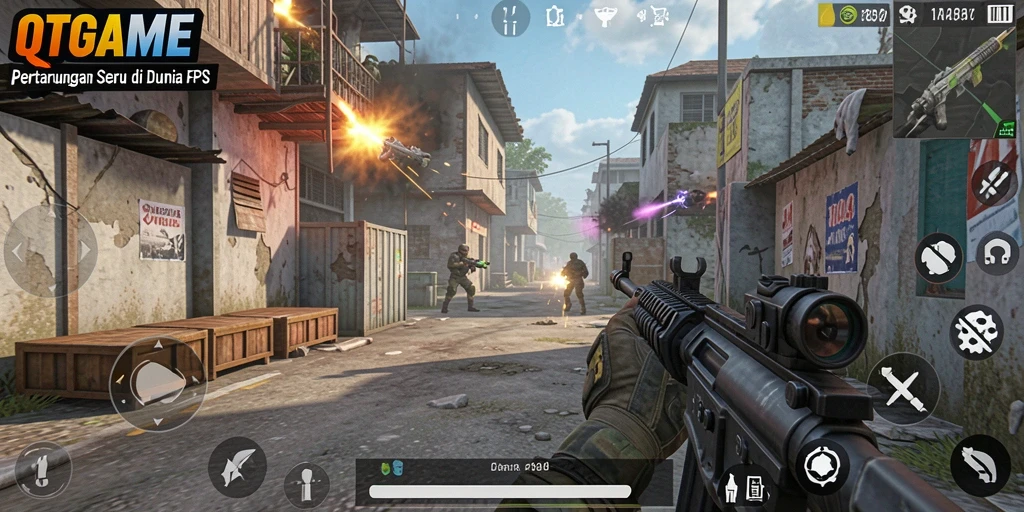 Menampilkan aksi menembak seru dalam gameplay QTGAME.